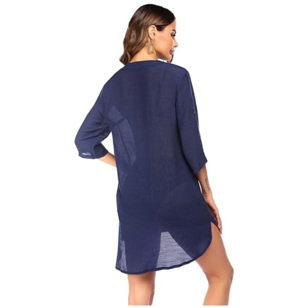 Ekouaer Swimsuit Cover Up Womens S Navy Blue Semi Sheer Beach Pool Button Up NWT - Picture 3 of 7